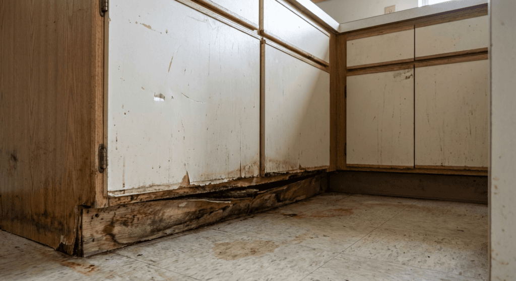 Business owner inspecting worn commercial cabinets with water damage along the base in a break room