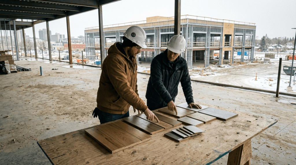 Start with your space - business owner and millwork specialist reviewing cabinet material options at a commercial construction site