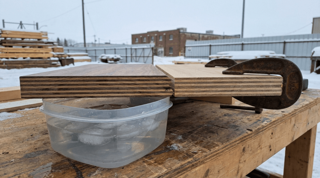 Hardwood plywood - cross-section of cabinet-grade hardwood plywood showing alternating wood grain layers demonstrating material strength and moisture resistance