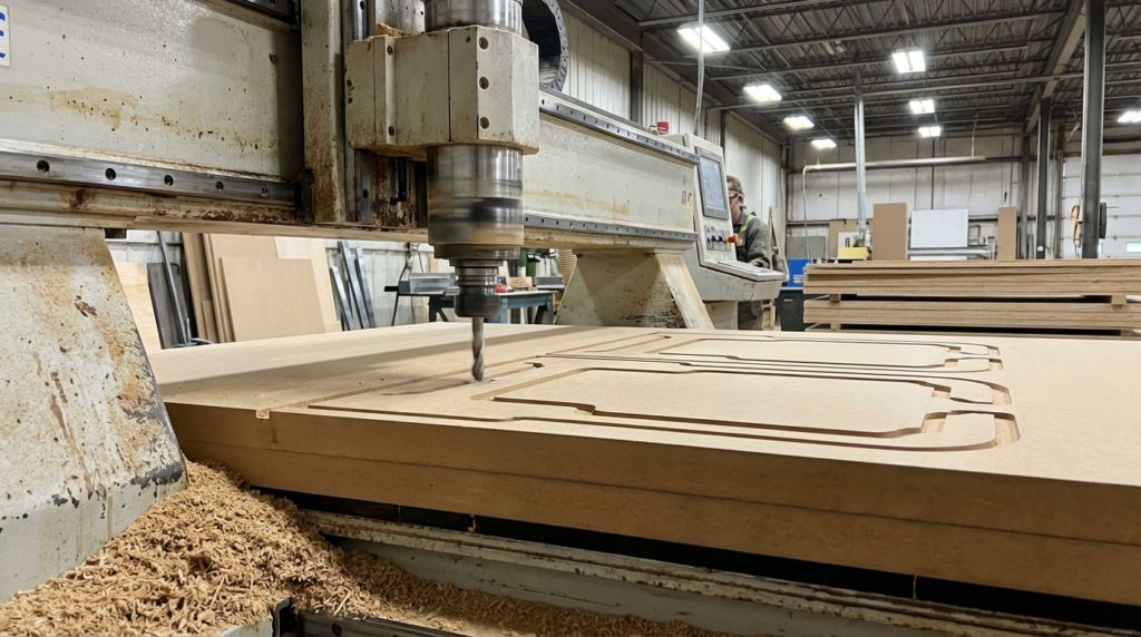 MDF - CNC router cutting precise cabinet door profiles from thick commercial-grade MDF panel with smooth dust-free edges in industrial manufacturing