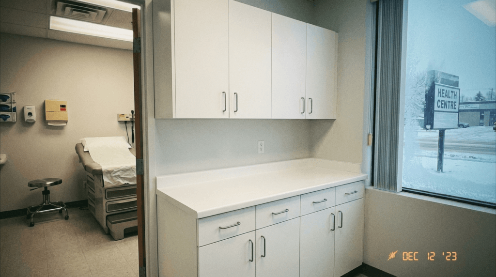 Melamine and laminate - white high-pressure laminate cabinet with clean wipe-down surface in medical office exam room healthcare facility
