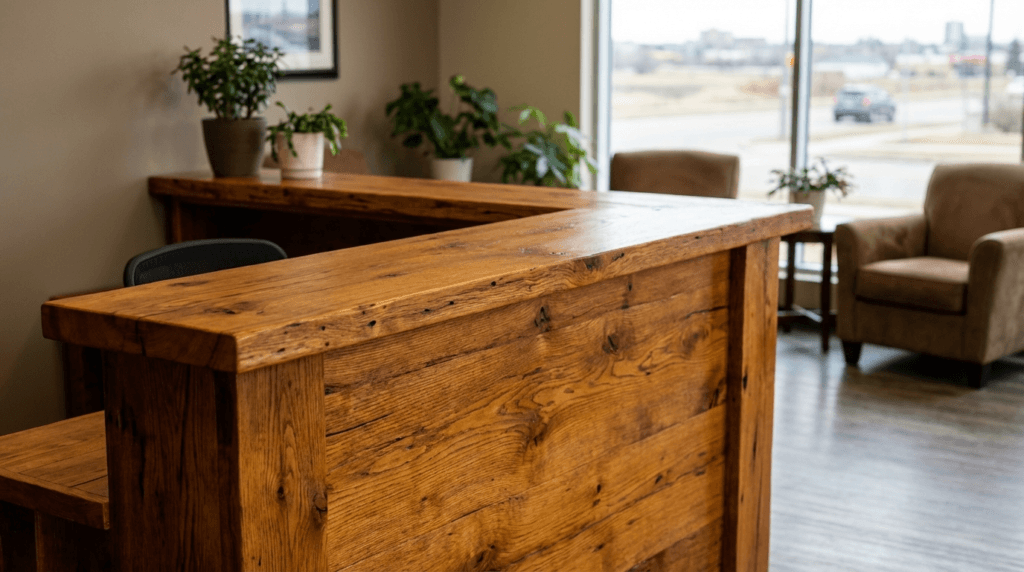 Solid wood - custom solid wood reception desk with visible natural grain and warm stain finish in professional office lobby