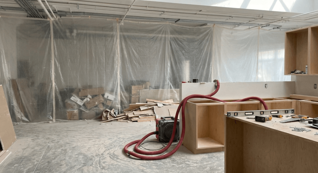 Installer securing a commercial cabinet to the wall with plastic dust barriers containing debris in the background
