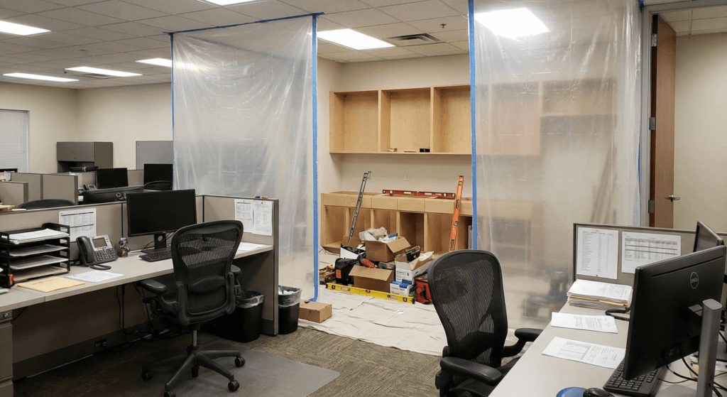 Construction crew installing commercial cabinets in a Saskatoon office while the adjacent workspace remains open for business