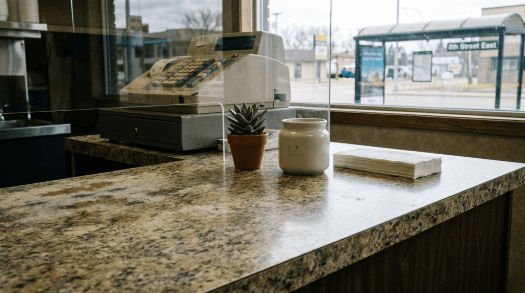 Laminate countertop at a restaurant cashier station