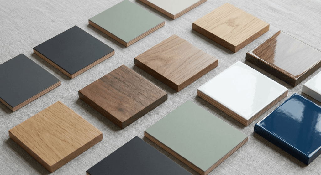 Commercial cabinet finish samples in Saskatoon - matte acrylic, satin polyurethane, UV-cured clear coat, and lacquer swatches
