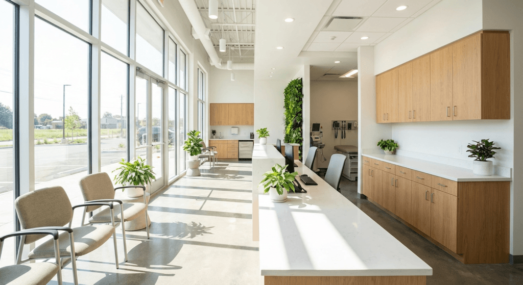 Modern medical office interior with freshly finished commercial cabinets in Saskatoon, healthy indoor environment for healthcare workers