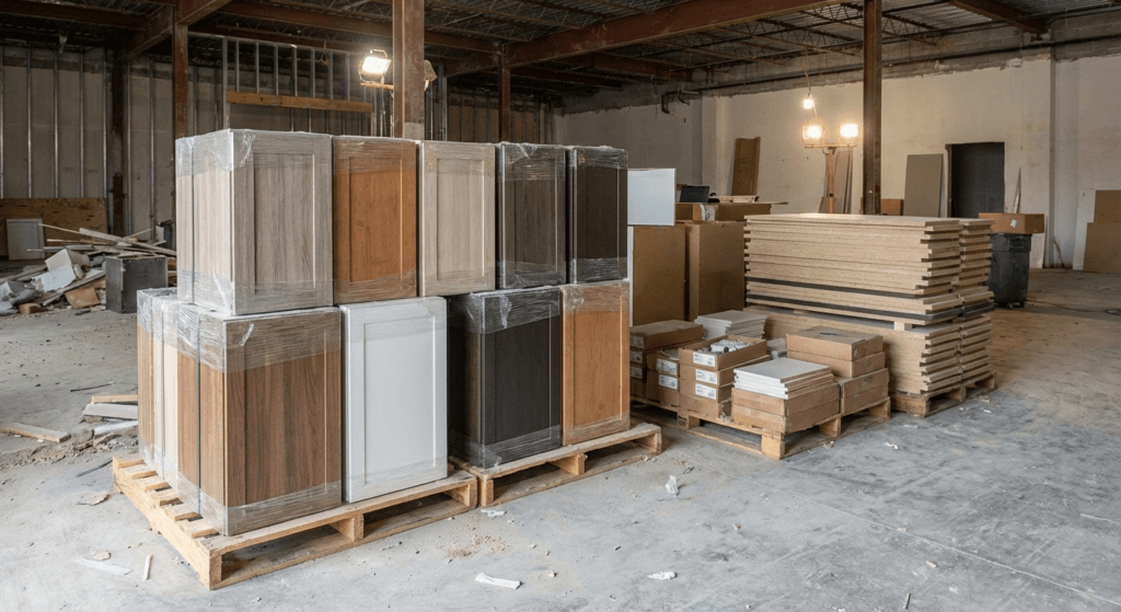 Pre-finished laminate cabinet doors stacked and ready for installation at a Broadway Millwork job site