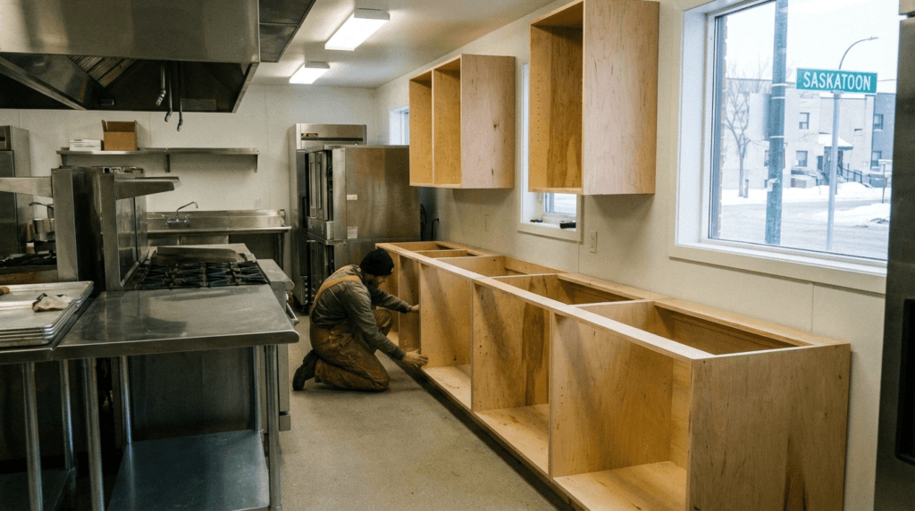 plywood cabinet boxes installed in a commercial kitchen in Saskatoon Saskatchewan
