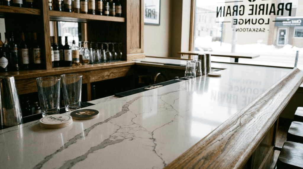 Quartz countertop installed on a restaurant bar top