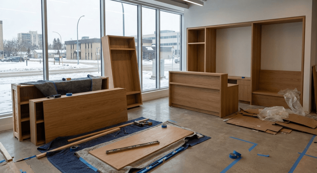 Professional delivery and installation of commercial millwork — completing Broadway Millwork's project timeline and process in Saskatoon, Saskatchewan