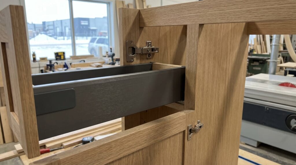 High-quality commercial cabinet hardware with matte finish in Saskatoon, Saskatchewan millwork showroom