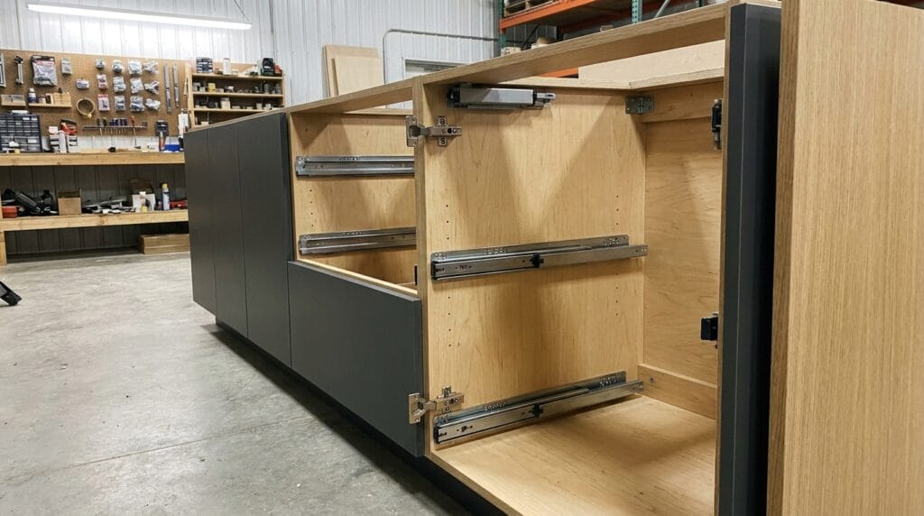 Commercial Cabinet Hardware visible inside cabinet with hinges and drawer slides in Saskatoon, Saskatchewan