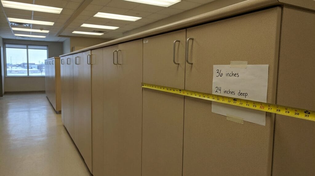 Saskatoon commercial cabinet contractor row of identical commercial cabinet units in healthcare or office setting