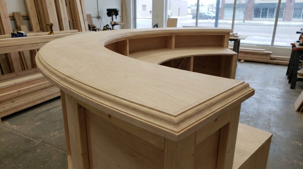 Saskatoon commercial cabinet contractor custom curved reception desk with routed decorative edge profile in millwork showroom