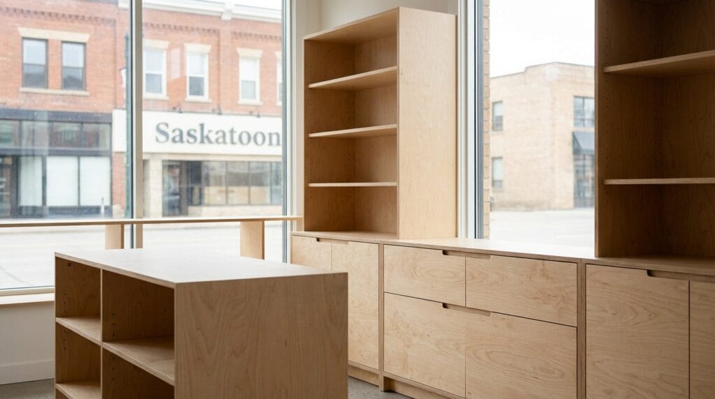 Saskatoon commercial cabinet contractor showcasing durable plywood construction and professional finishes in retail environment