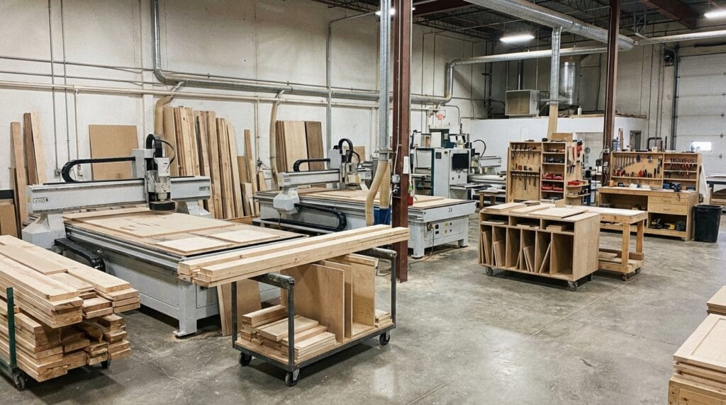 Saskatoon commercial cabinet contractor millwork production floor with CNC equipment running and efficient workflow