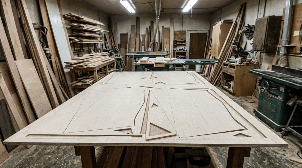 Saskatoon commercial cabinet contractor organized plywood sheet nesting layout showing efficient material usage