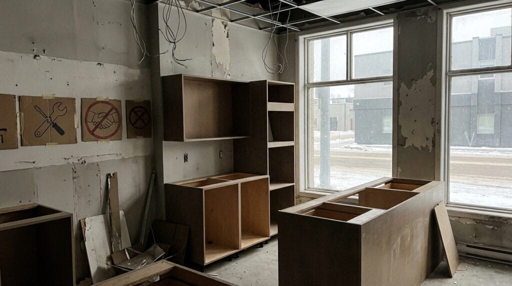 Saskatoon commercial cabinet contractor workspace showing warning signs of unreliable contractors with empty abandoned shop space
