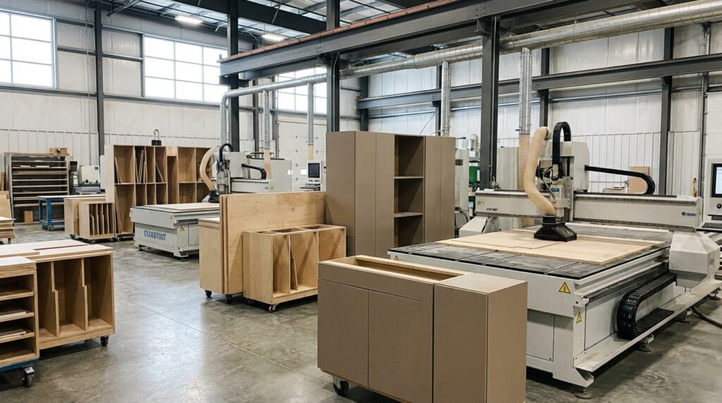 Saskatoon commercial cabinet contractor facility with modern CNC millwork manufacturing producing precision commercial cabinets