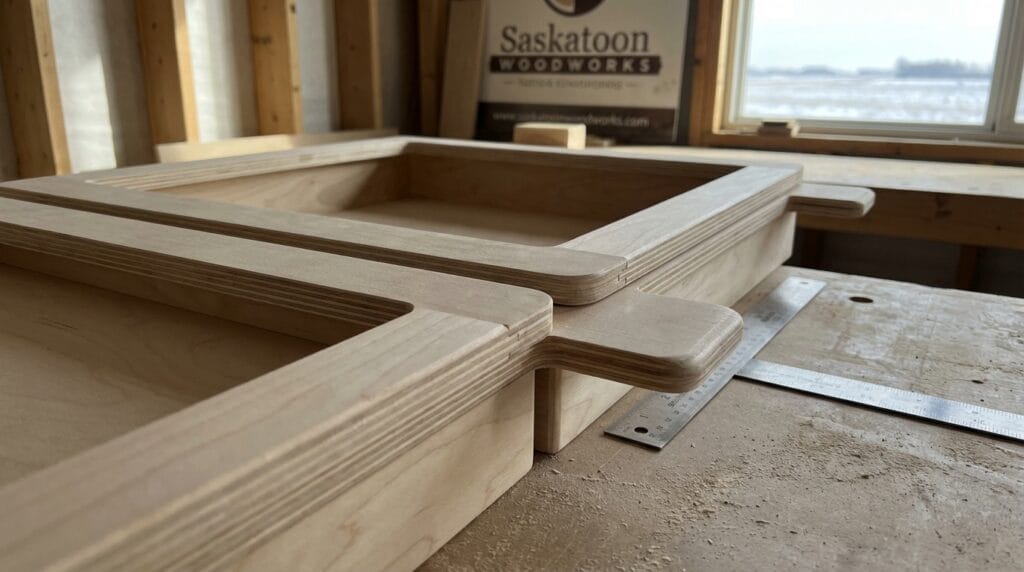 Saskatoon commercial cabinet contractor precision CNC cut cabinet parts with clean edge routing on plywood panels