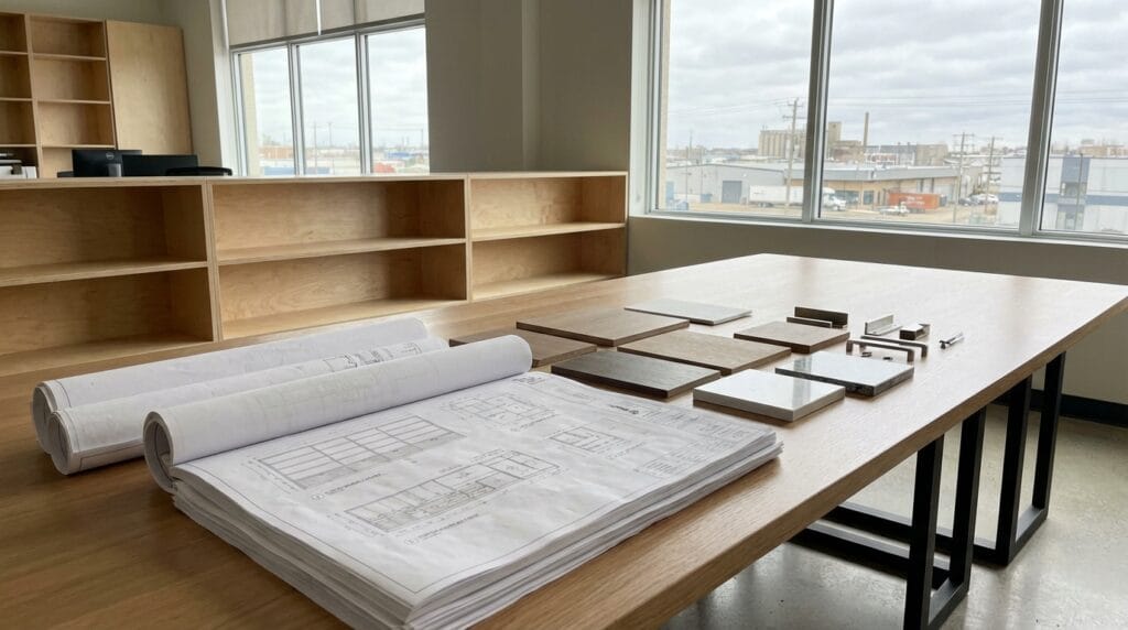 Saskatoon commercial cabinet contractor reviewing detailed millwork blueprints and specifications at modern workspace